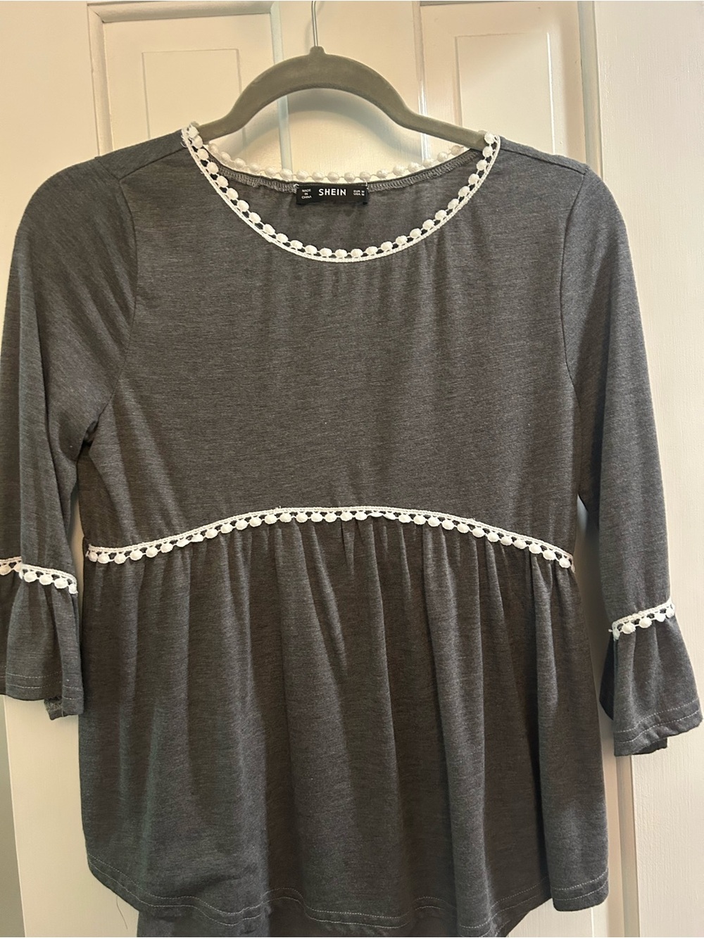SHEIN Dark Gray Peplum Tunic with White Crochet Trim